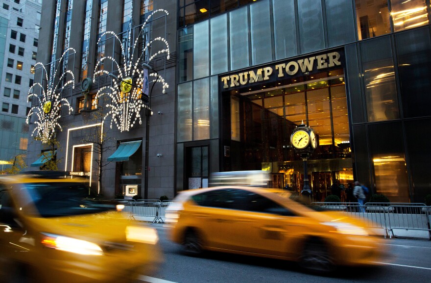 Traffic flows past Trump Tower in New York in November 2016. The Trump administration wants more time to produce evidence that then-President Barack Obama ordered surveillance on Donald Trump during last year's election. Trump says his predecessor ordered his "wires tapped" in Trump Tower.