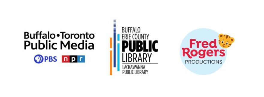 From left to right: BTPM logo, Buffalo Erie County Public Library Lackawanna Public Library logo, and Fred Rogers Productions logo