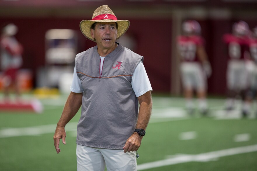 Alabama Coach Nick Saban roams the field during practice in Tuscaloosa. The Crimson Tide enters the season ranked No. 2 and aiming to reclaim its national championship throne.