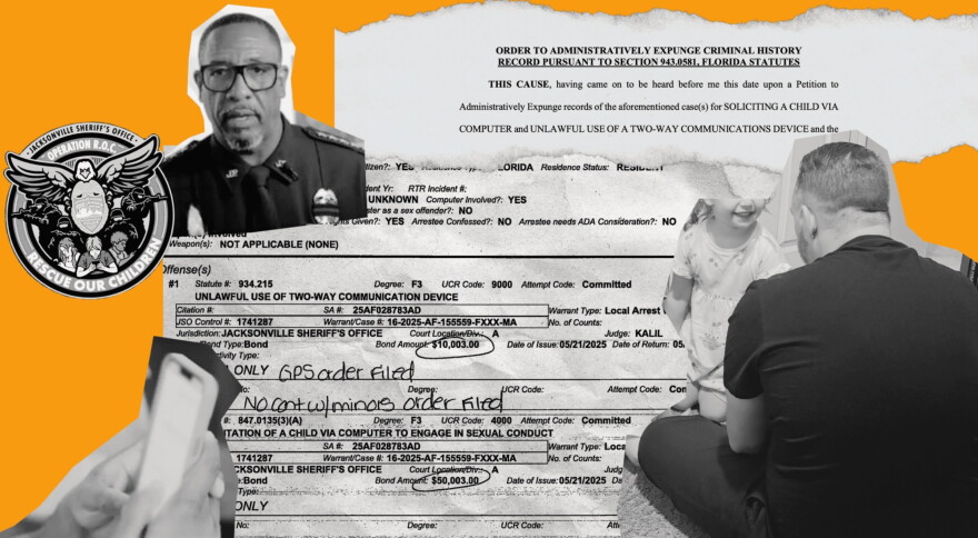 Clockwise from upper left: Jacksonville Sheriff T.K. Waters, whose officers’ botched investigation snared ‘Nick’, an innocent man; a police report that was supposed to be expunged but wasn’t; a judge’s order to expunge the case; ‘Nick’ reuniting with his daughter after a court-ordered separation.