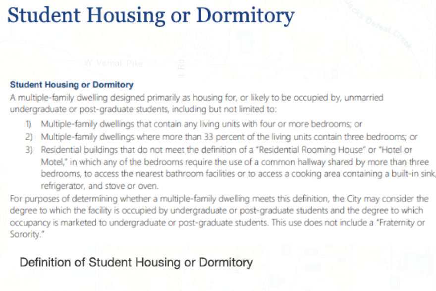The definition of student housing in Bloomington's proposed UDO.