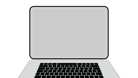 A drawing of a gray laptop is displayed on a white background. The laptop is open.