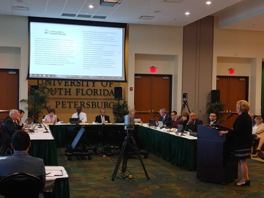 Rhea Law, Vice Chair of the USF Presidential Search Committee, shares the job description with trustees.