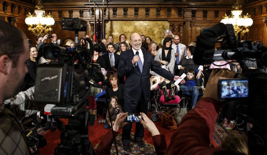 Gov. Tom Wolf pushed for medical marijuana legalization, including when he met with advocates at the state Capitol in Harrisburg on March 15, 2016. A compromise plan, which included a blanket ban on physician advertising, passed out of the GOP-controlled House the next day.