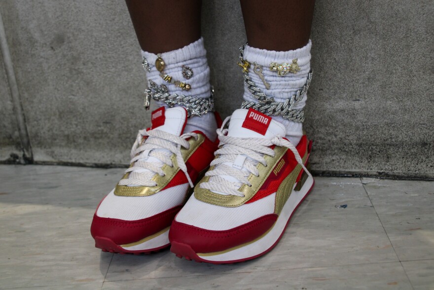 Azyia Chatmon, a freshman at Central High School, matched her Puma's and adorned socks to her Chiefs jersey.