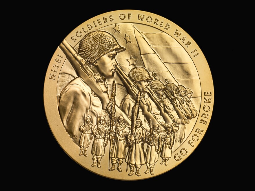 The Congressional Gold Medal honoring Japanese-American veterans of World War II features the motto of the 442nd Regimental Combat Team — "Go for Broke."