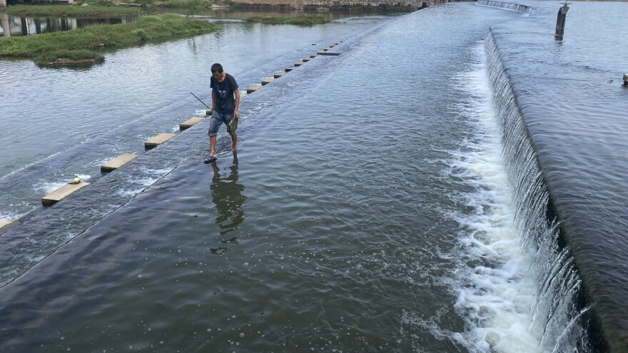 A man walks on a weir across Baisha Creek. Several years ago, work began to restore wetlands here in Jinhua.