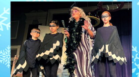 Evil Stepmother, Lady Bigbucks, Marykay Kelleher and her Crow minions in Norwich Arts Center’s Christmas Panto, Cinderella at the Christmas Ball.