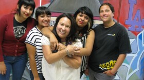 Evangeline Ordaz (center) stands with teens from Legacy LA who were her script consultants and extras for <em>East Los High.</em> From left: Rebecca Hernandez, Brenda Flores, Ordaz, Wesley Michua, Marlene Arazo.