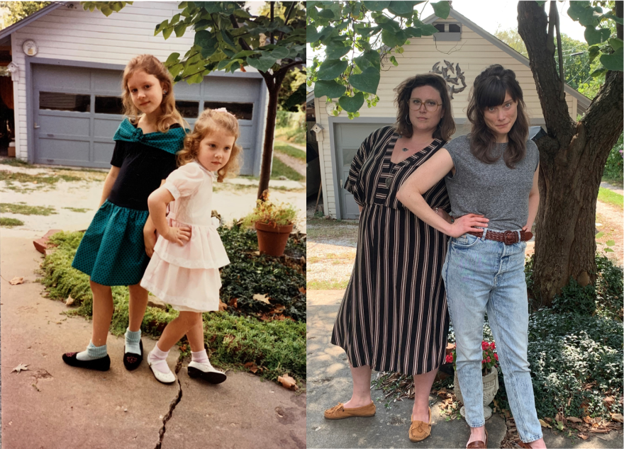 Gray sisters Jessica and Emily on the back porch, 1990 vs 2021