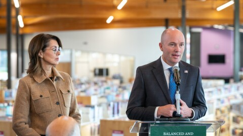 Speaking alongside Lt. Gov. Deidre Henderson at the Kearns branch of the Salt Lake County Library, Dec. 3, 2025, Gov. Spencer Cox announced his $30.7 billion budget for fiscal year 2027.