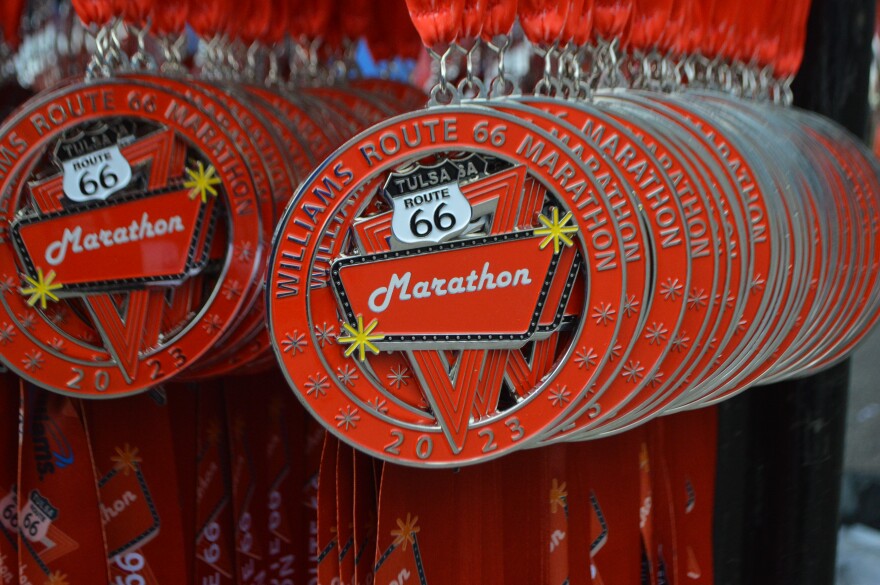 Medals ready to be given out to runners of the Route 66 Marathon on Sunday.