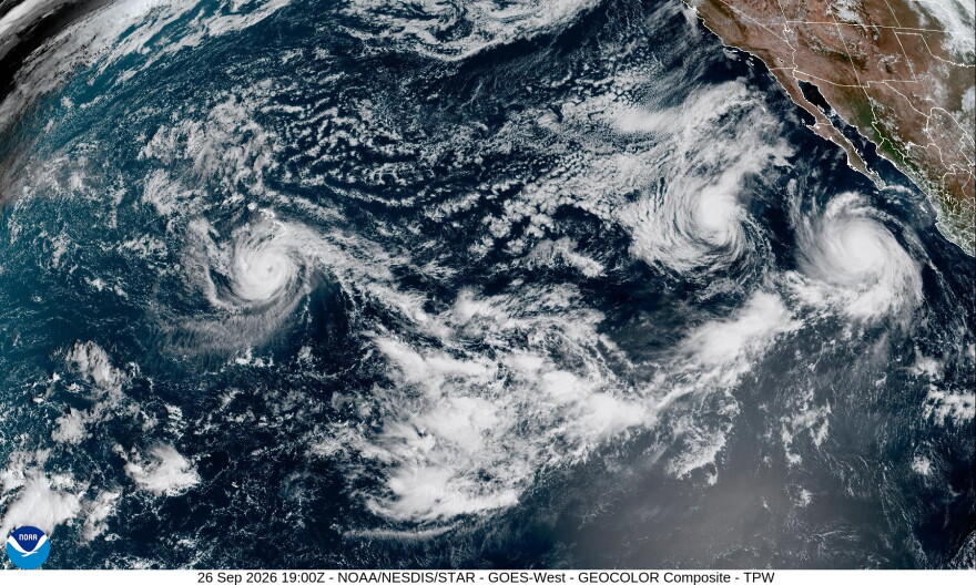 A satellite image shows Hurricane Nolo near the Hawaiian Islands on Saturday morning, Sept. 26, 2026.