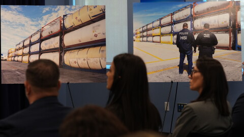 Photos taken by Homeland Security Investigations are displayed at a news conference where federal agencies announced the seizure of biodiesel fuel shipments that were being illegally exported from the U.S. to Cuba, Wednesday, Oct. 7, 2026, in Doral, Fla.