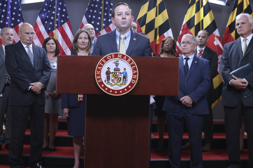 Maryland Senate President Bill Ferguson speaks at a news conference on Tuesday, Sept. 19, 2023 in Annapolis, Md., with members of the Maryland Consortium on Coordinated Community Supports to highlight the availability of $120 million in grants for behavioral health services to help K-12 students in the state over the next year and a half. (AP Photo/Brian Witte)