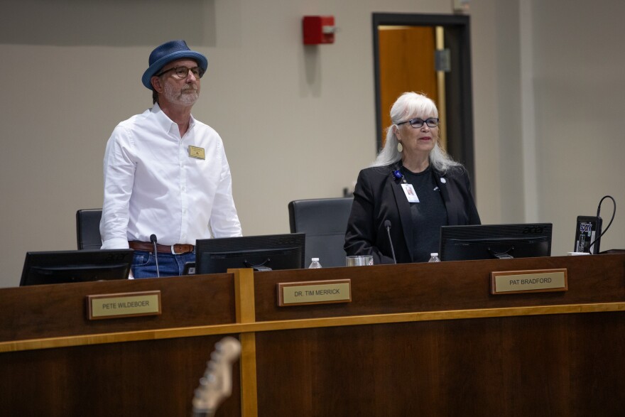 Board members Dr. Tim Merrick and Pat Bradford during the New Hanover County Schools Board of Education meeting in Wilmington on July 8, 2025. 