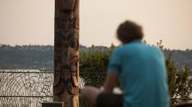 Man sits on a grassy patch cross form a large totem pole at dusk.
