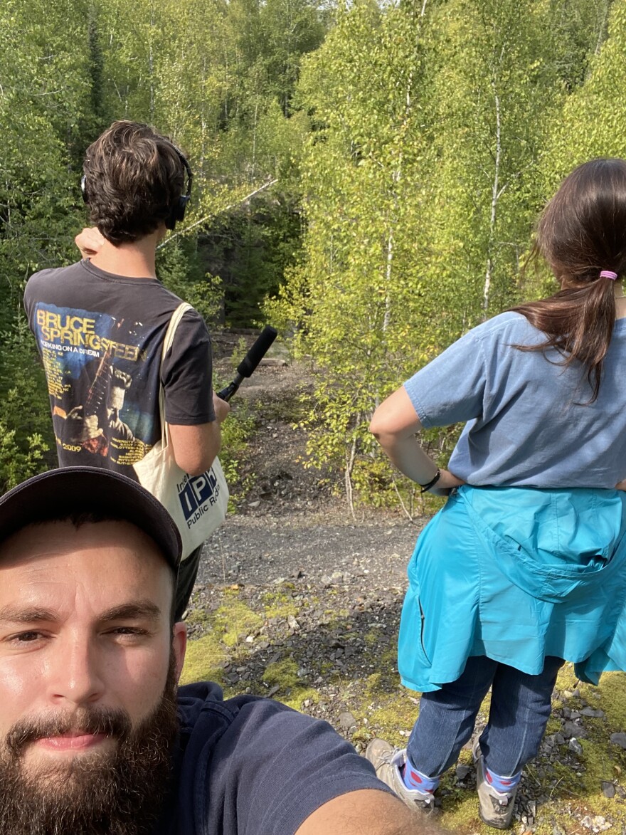 David Exelby takes a selfie with Max Howard and Emily Schwiebert overlooking the Winona Stamping Mill in Michigan's Upper Peninsula. (credit: David Exelby)