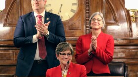 Democratic Gov. Laura Kelly delivers her first State of the State speech on Wednesday night, flanked by Republicans House Speaker Ron Ryckman and Senate President Susan Wagle.