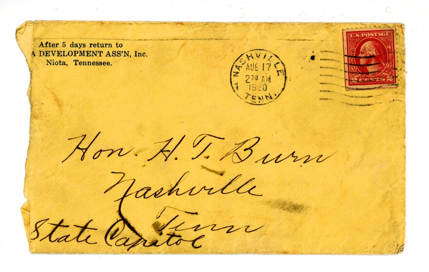The envelope that contained the <a href="https://cmdc.knoxlib.org/digital/collection/p265301coll8/id/699">letter Febb Burn wrote</a> to her son, Tennessee state Rep. Harry T. Burn, in which she urged him to vote for the 19th Amendment.