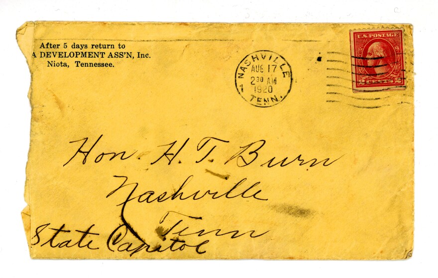 The envelope that contained the <a href="https://cmdc.knoxlib.org/digital/collection/p265301coll8/id/699">letter Febb Burn wrote</a> to her son, Tennessee state Rep. Harry T. Burn, in which she urged him to vote for the 19th Amendment.