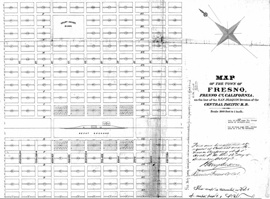 An 1872 map of the new town of Fresno, founded by the Central Pacific Railroad.