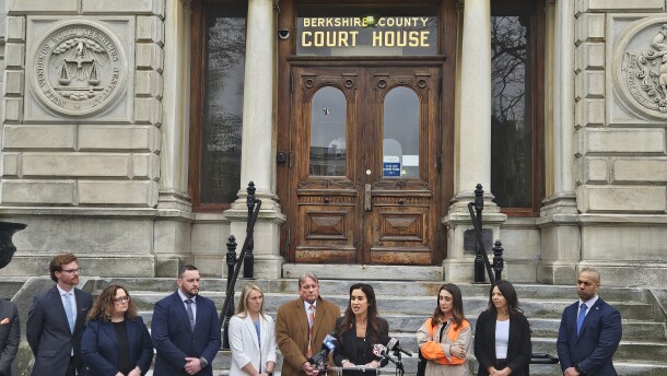Hilary Simon speaking at the Berkshire County Court House.