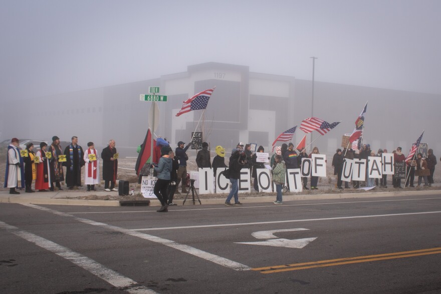 Protesters gather at a rumored site for a potential ICE detention center in Utah at 1000 N and 6880 W in Salt Lake City, Jan. 16, 2025.