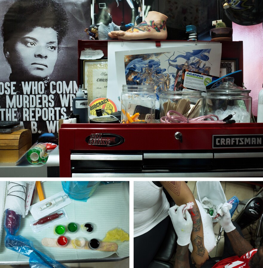 (Top) Mensah encourages the artists in his shop to decorate their workspaces with things they like. (Left) He lays out colors and tools at his station before starting Afrique's tattoo (right).
