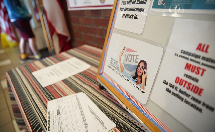 A sign at the Wayne County Board of Elections in Wooster, Ohio, warns against taking selfies in the voting booth. on Friday, Oct. 25, 2024.