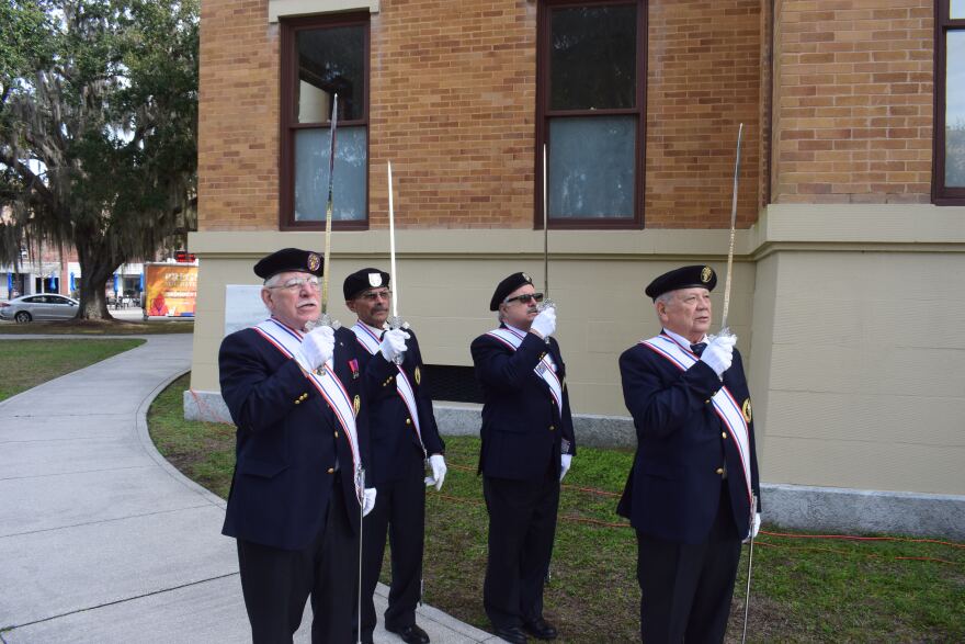 The Knights of Columbus assembly 1547 led the pledge and presented the colors. (Claire Grunewald/WUFT News)