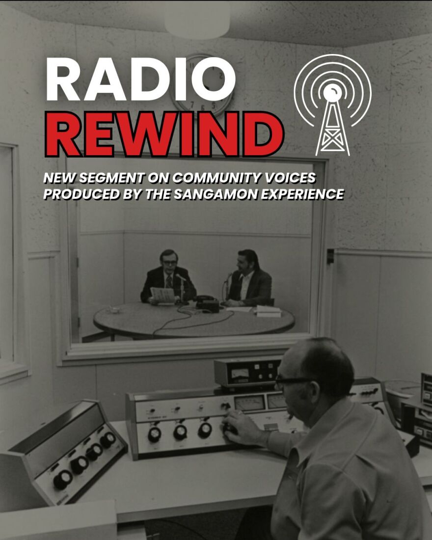 Radio Rewind logo over photo of Rich Bradley hosting State Week in Review in the 1970s