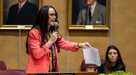 Woman speaks into microphone and holds out papers