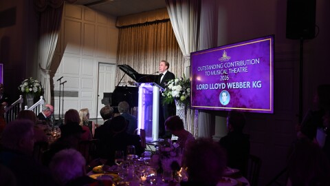 English composer and impresario of musical theatre Andrew Lloyd Webber is pictured on May 30, 2026 addressing an audience of theater patrons at the New Haven Lawn Club. He was in Connecticut to receive the Goodspeed Musicals Award for Outstanding Contributions to Musical Theater.