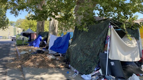 An encampment on 1st and Main streets in downtown Chico, Calif. on Friday, August 14, 2026.