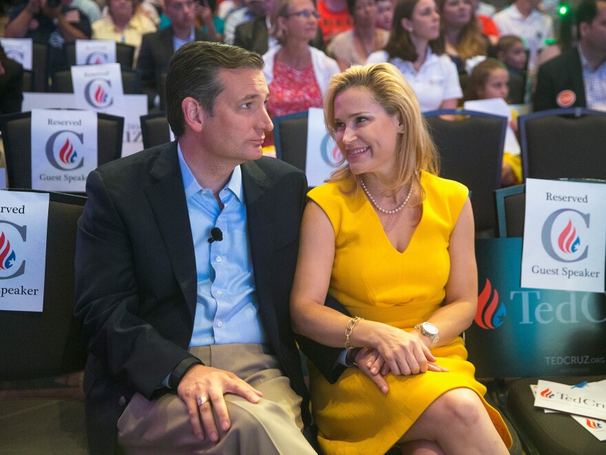 Republican presidential candidate Sen. Ted Cruz (R-Texas) chats with his wife Heidi Cruz at the Religious Liberty Rally he was hosting in Des Moines, Iowa in August.