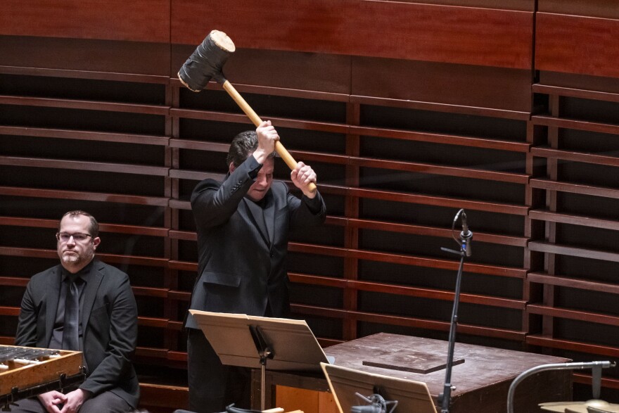 Christopher Deviney, principal percussion with The Philadelphia Orchestra, wields the hammer in the final movement of Mahler's Symphony No. 6 at Marian Anderson Hall on April 10, 2025.