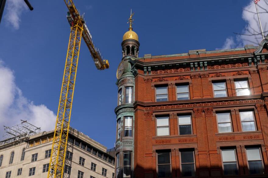 A construction crane that was climbed by a father of a Parkland shooting victim at 15th Street and Pennsylvania Avenue in Northwest across the street from the White House, in Washington, Monday, Feb. 14, 2022.