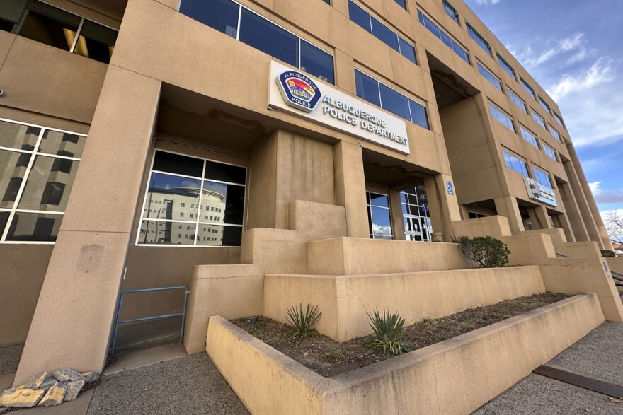 FILE - The Albuquerque Police Department headquarters is viewed Feb. 2, 2024, in Albuquerque, N.M. The Albuquerque Police Department says it has fired a former commander of its internal affairs unit. An officer who once worked with a team tasked with stopping impaired drivers has resigned in a corruption probe. (AP Photo/Susan Montoya Bryan, File)