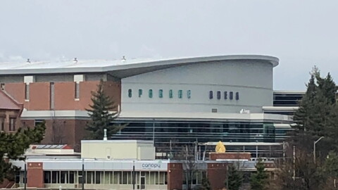 The Numerica Veterans Arena, as seen from across the Spokane River.