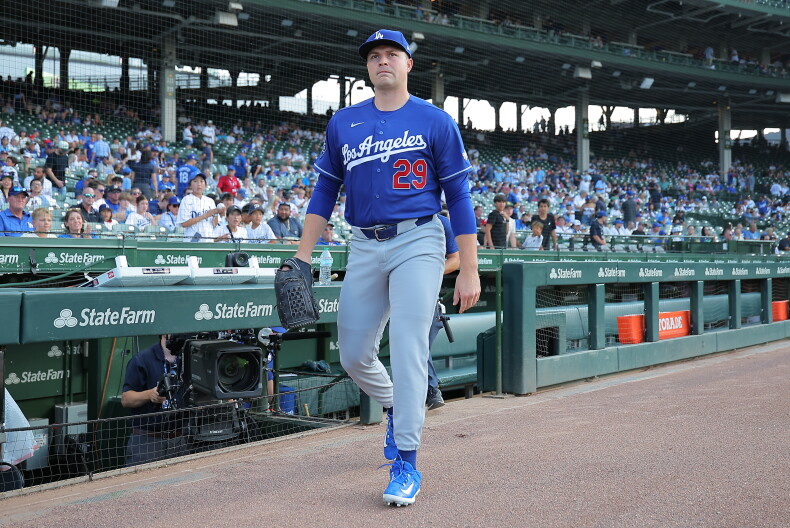 Los Angeles Dodgers starting pitcher Tarik Skubal makes his way to the bullpen prior to a baseball game against the Chicago Cubs, Tuesday, Aug. 4, 2026, in Chicago.