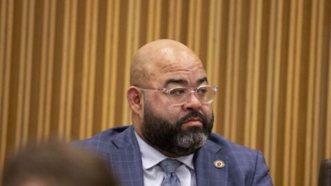 Sen. Adam Gomez of Springfield listens at a Joint Ways and Means Committee budget hearing on March 6, 2025.