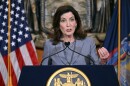 New York Governor Kathy Hochul speaks to reporters about legislation passed during a special legislative session, in the Red Room at the state Capitol.