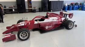 IU rising senior and USF Pro 2000 Series race car driver Joey Brienza's car adorned with Indiana University colors and logos.
