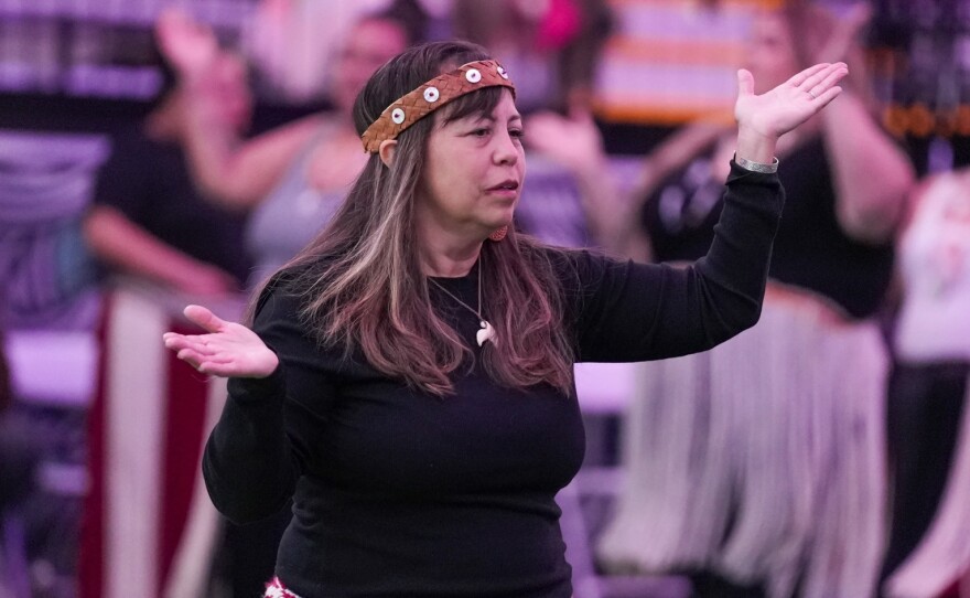 Amy McFarland, who is directing the World Cup events for the Puyallup Tribe of Indians, during Coastal Protocol. This is a traditional cultural exchange of song, dance, and often gift-giving among Indigenous nations. The Puyallup Tribe hosted this to welcome visitors to the region to witness and learn about their culture and heritage while Seattle hosts matches for the World Cup.