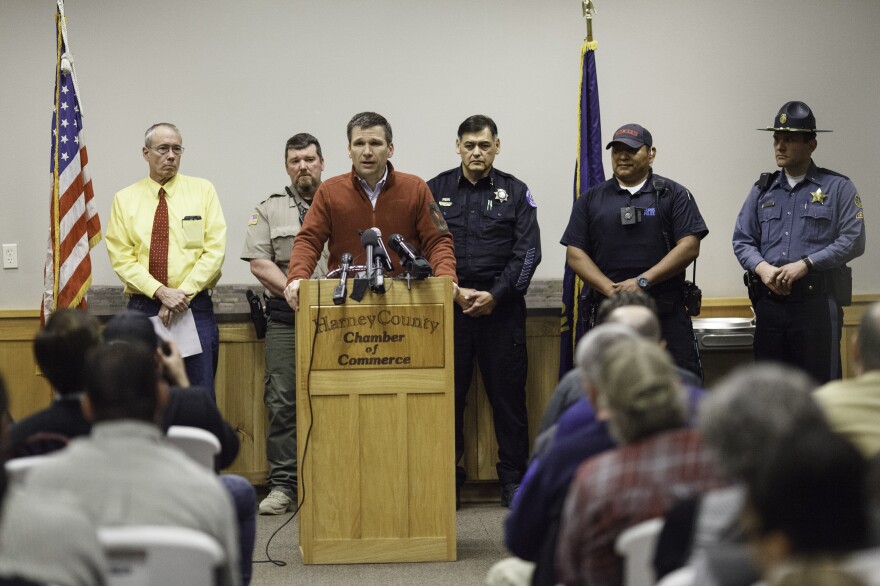 FBI Special Agent Greg Bretzing addresses the public at the Harney County Chamber of Commerce in Burns, Ore., on Thursday after the last four armed occupiers of a wildlife refuge turned themselves in. It ended a tense 41-day standoff over grazing rights on federal land that left one dead.