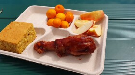 School lunch at Lillian Larsen Elementary School in San Miguel. The kumquats and apples are locally grown. The honey in the cornbread is locally sourced.