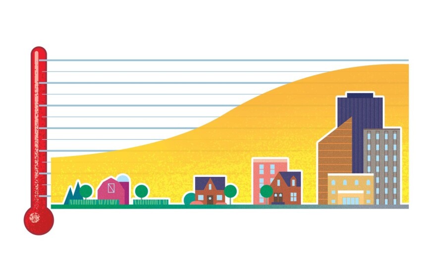 An illustrated graphic with a red thermometer as the y axis and illustrations of a farm, a house, a house and apartment, and a group of high rise buildings.