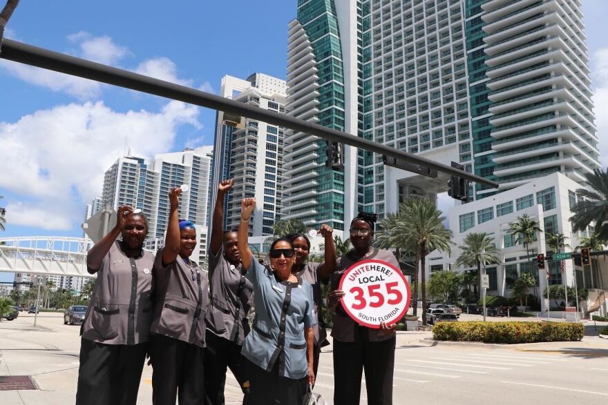 Hotel workers of the Diplomat Beach Resort in Hollywood, who are members of UNITE HERE Local 355, outside the resort on Friday, September 2, 2022. That day, union members overwhelmingly voted to strike.