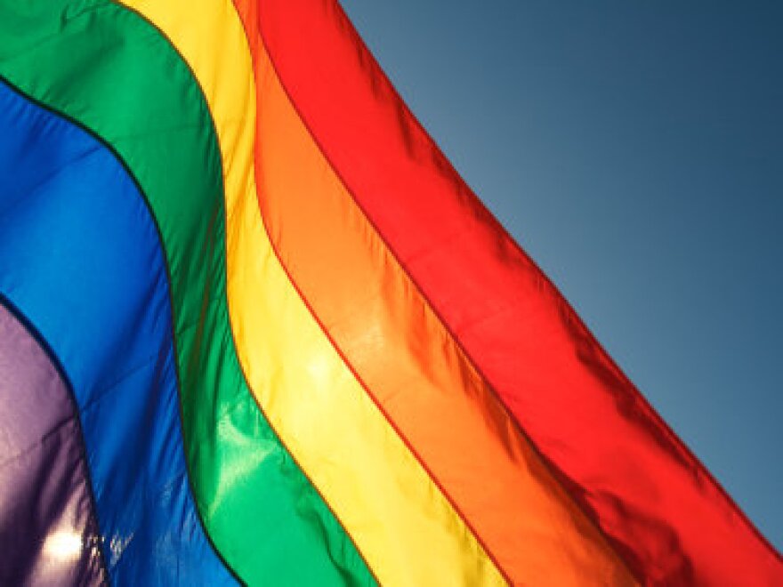 A multicolored PRIDE flag.